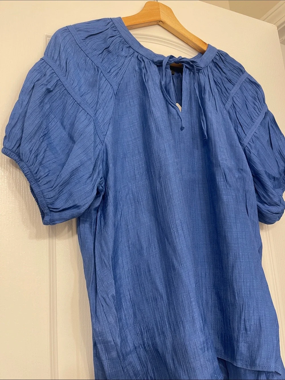 Wonderly Blue Short Sleeve Tie-Neck Peasant Blouse size large, NeW - Picture 2 of 7